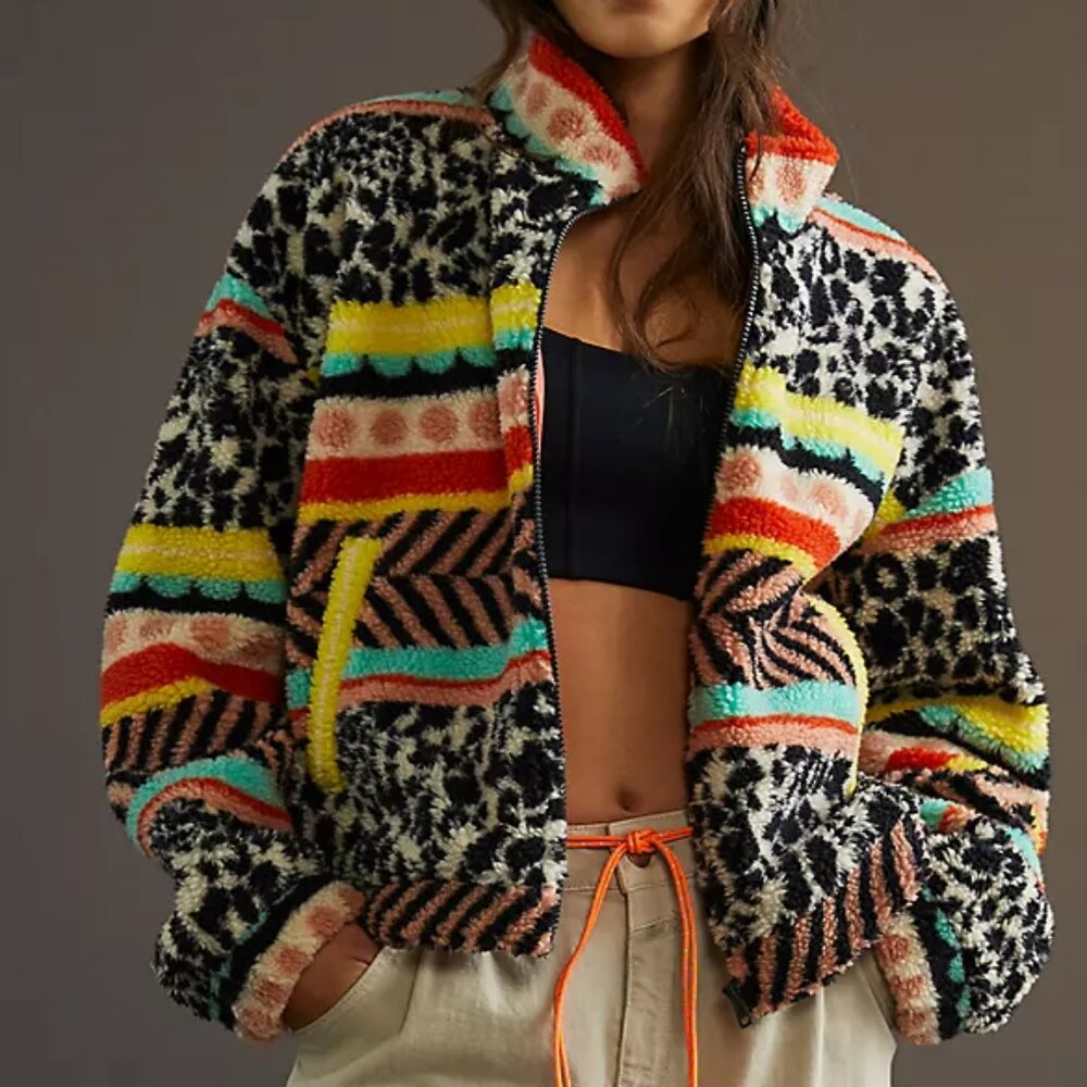 Anthropologie Maeve Lively Abstract Sherpa Jacket, Size Medium